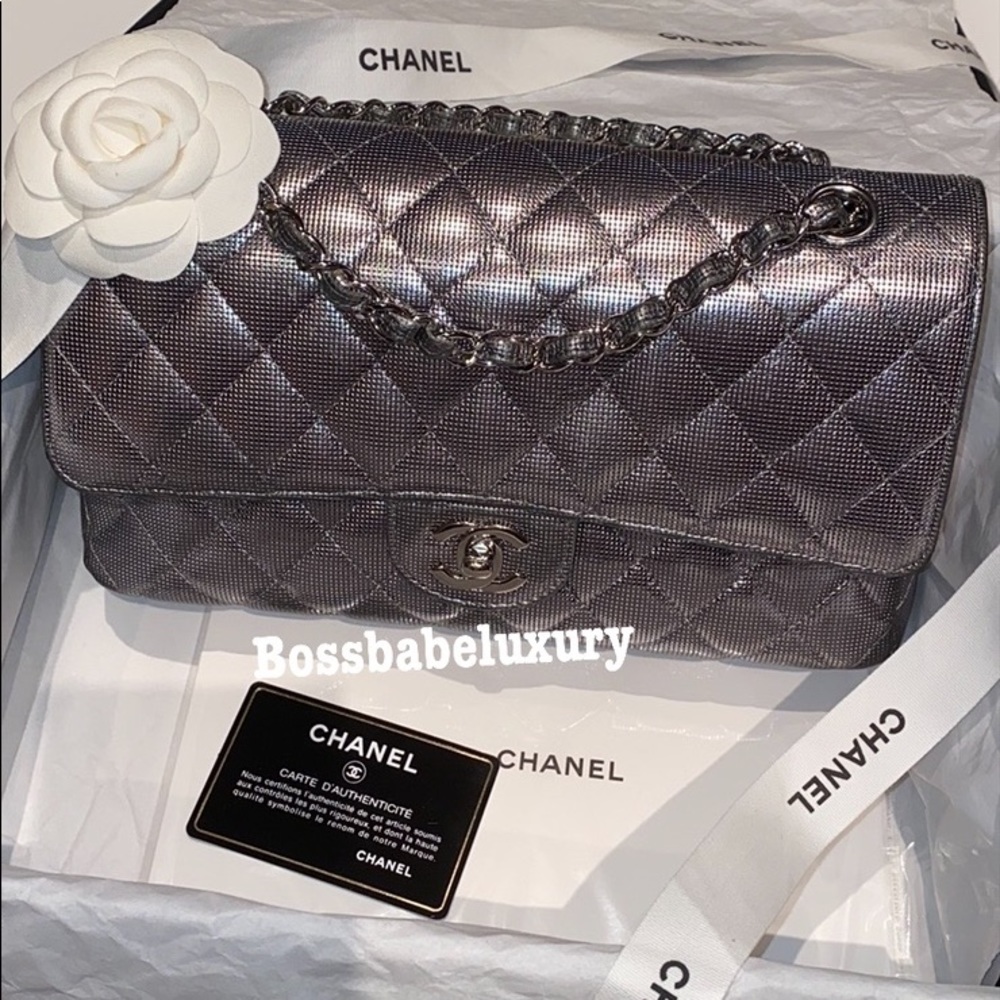 Chanel Cruise silver metallic medium classic flap leather shoulder Ltd Ed bag